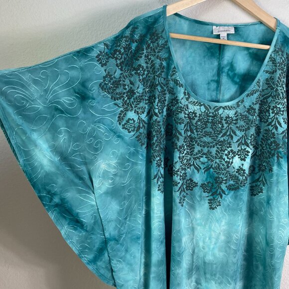 Dressbarn Woman Plus 3X Green Batwing Sleeve Top Beaded Floral Design Shirt - Picture 9 of 10